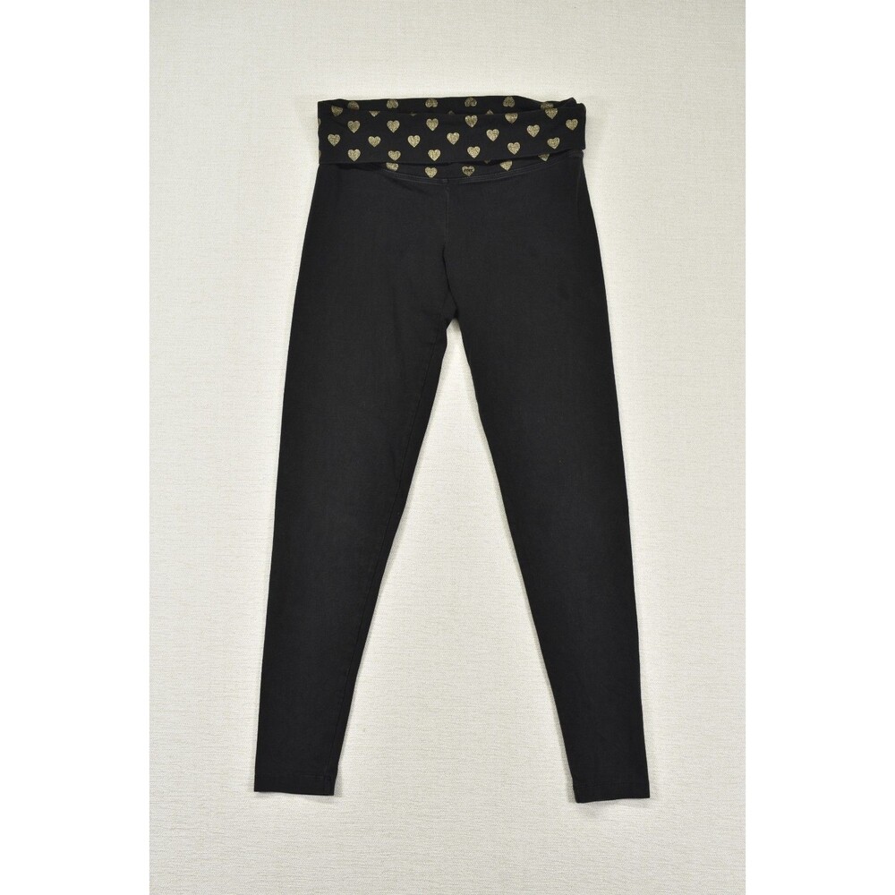 Victorias Secret PINK Fold Over Leggings Small Black Gold Hearts Yoga Pants Y2K